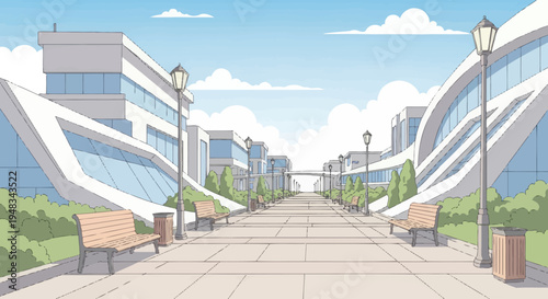 Modern buildings line a wide, paved walkway with benches, lampposts, and greenery under a blue sky