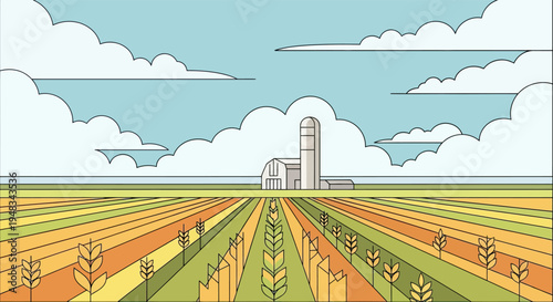 Stylized farm with silo and colorful rows of crops under a cloudy sky