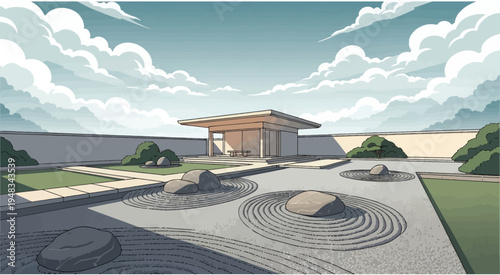 Serene Zen garden with raked sand, rocks, bushes, and a modern structure