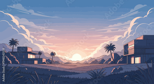 Sunset view of modern homes and palm trees in a serene landscape