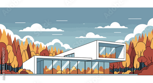 Modern white house with large windows nestled among colorful autumn trees