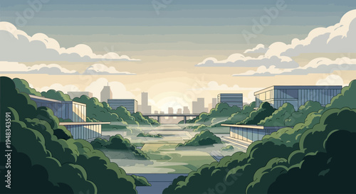 Futuristic cityscape with greenery, water, and a hazy sunrise