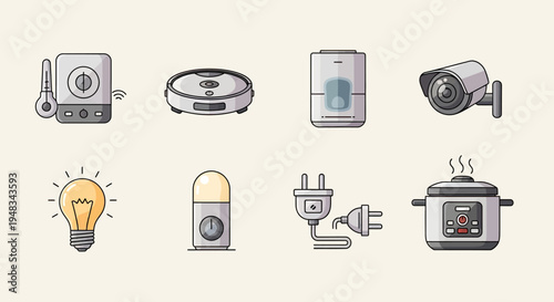 Various smart home devices, including a camera, light, cooker, and robot