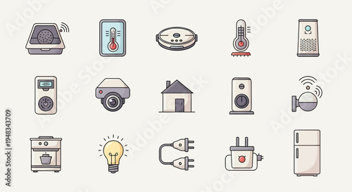 Flat illustrations of smart home devices, including appliances and sensors