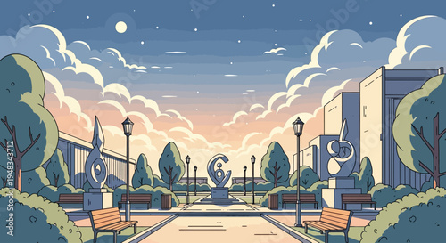 Serene park square with abstract sculptures, benches, and a setting sun sky