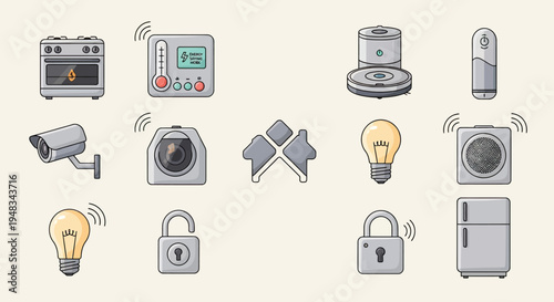 Smart home devices appliances, security, and automation icons