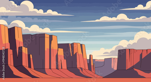 A stylized desert landscape with sandstone formations under a vast sky
