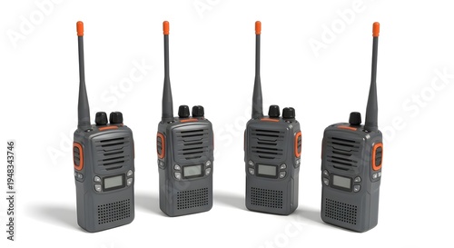 A collection of four walkie-talkies positioned neatly, ready for communication. The devices are depicted with antennas
