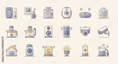 Collection of modern smart home devices, including cameras, speakers, and appliances