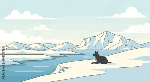 A solitary dark seal rests on icy terrain against a backdrop of snow-capped mountains