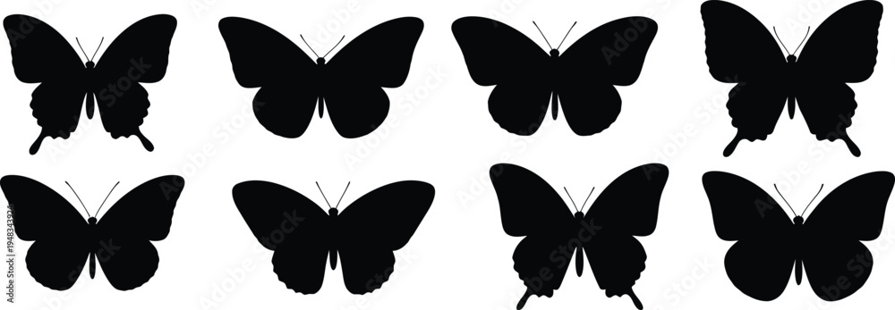 Fototapeta premium Eight black butterflies on white background