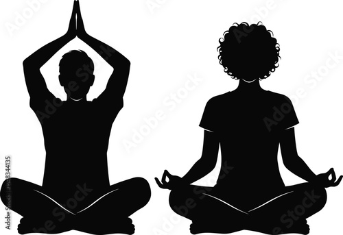 yoga meditation silhouettes, man and woman lotus pose mindfulness practice, spiritual relaxation wellness vector illustration isolated on white