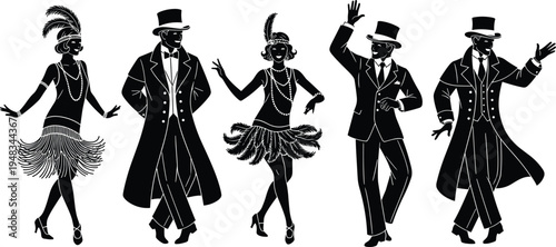 1920s jazz age dancers silhouette collection with flapper women and vintage gentlemen dancing, retro Charleston party characters isolated on white backgroundvvvv