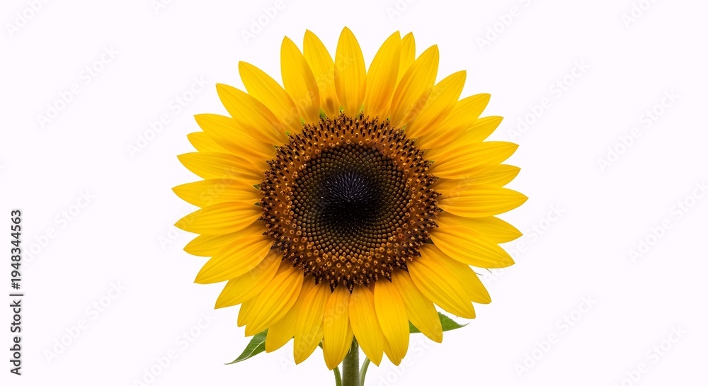 Fototapeta premium Vibrant yellow sunflower with a dark brown center against a clean white background, showcasing its intricate details and bright petals.