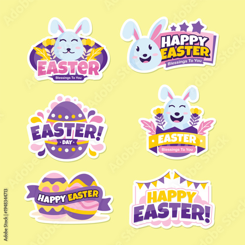 Colorful easter stickers featuring bunnies eggs and festive greetings