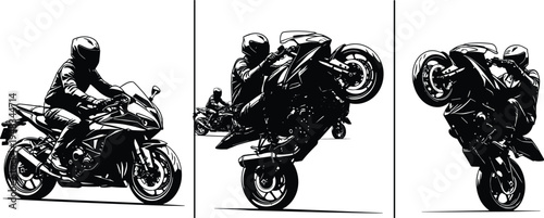 Black and white vector illustration set of a sportbike rider performing wheelies and stunts on a powerful motorcycle isolated on a white background.