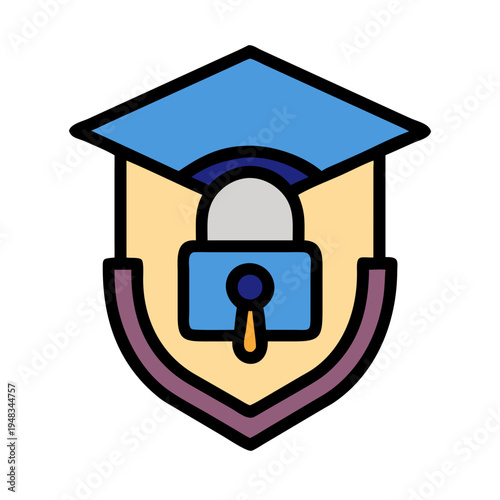 Shield with graduation cap and lock for cybersecurity education