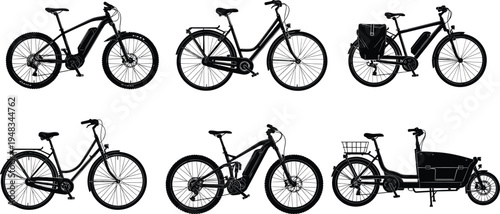Collection of various electric bicycle silhouettes including mountain e-bikes, city trekking cycles, cargo bikes, and commuter bicycles isolated on a white background vector illustration.