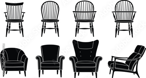 Collection of various vintage armchair and classic wooden chair silhouettes featuring Windsor style seating and modern lounge furniture isolated on a white background vector.