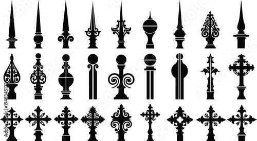 Decorative fence finial and cross silhouette collection with vintage wrought iron ornament designs, architectural metal elements set isolated on white background