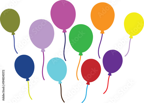 A vibrant vector illustration of colorful helium balloons flying in the air for a happy birthday party celebration or festive carnival decoration