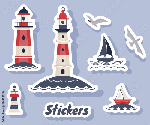Set of nautical maritime stickers with lighthouse, sailboat, waves and seabirds in flat style. Marine travel elements for summer ocean adventure, navigation theme icons for banners, posters and design