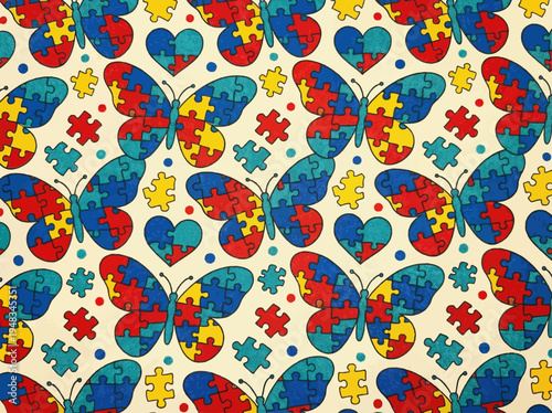 Whimsical pattern of interlocking puzzle piece butterflies and hearts, celebrating unique minds and advocating for understanding and acceptance for neurodevelopmental conditions