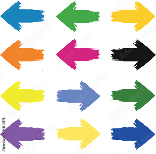 Set of twelve brush stroke arrows in various colors, pointing left and right, graphic design elements, Design Element, White Background