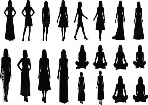 Black Woman Silhouette Collection, Fashion Poses, Standing, Walking, and Sitting Yoga Positions, Vector Female Figures Set, Elegant Dress Outfits, Minimalist Graphics