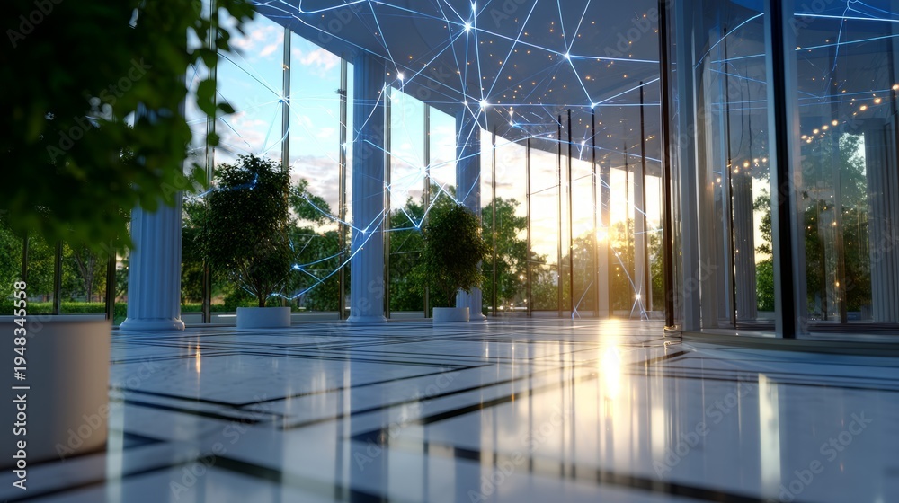 Fototapeta premium Modern Interior with Blockchain and AI Technology Integration at Sunset
