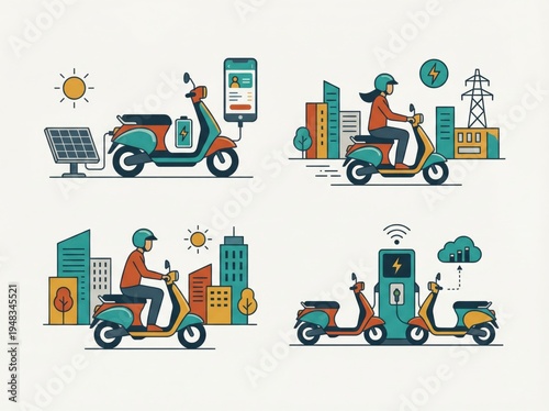 Urban sustainability progression with electric scooters showcasing eco friendly transport, solar energy, integration with smart technology, and modern cityscapes