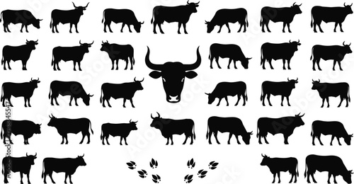 Collection of black dog silhouettes featuring various breeds and small puppies isolated on a white background for pet industry design