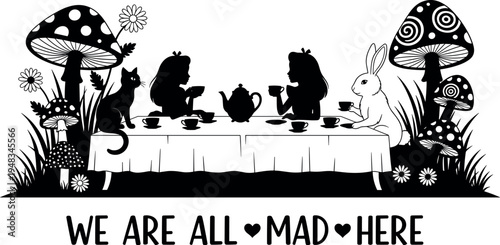Alice in Wonderland mad tea party silhouette with rabbit cat and magic mushrooms for whimsical nursery decor fairytale storytelling and branding