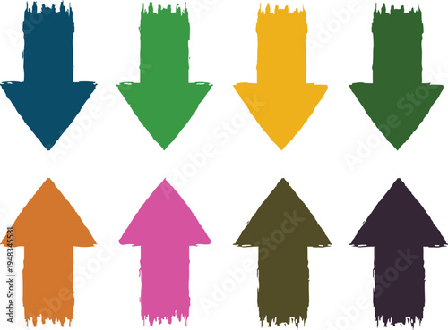 Set of eight grunge arrows pointing up and down in various vibrant colors, isolated on white background, Up Arrow, Brush Stroke, User Interface
