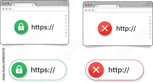 Vector illustration set of web browser windows showing secure https with green lock and insecure http with red cross for internet safety and cybersecurity.