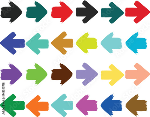 Collection of colorful brush stroke arrows pointing left and right on a white background, graphic design elements, Right Arrow, User Interface