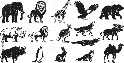 Black Deer Silhouette Vector Set, Reindeer and Stag Icons, Wild Buck Poses, Forest Animal Shapes, Wilderness Nature Elements, Antler Graphic,