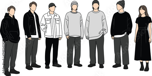 Seven diverse illustrated individuals standing side by side in monochromatic casual outfits, showcasing modern streetwear fashion, lifestyle diversity, clothing design