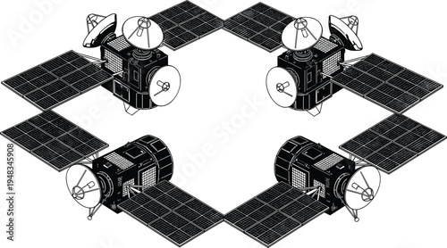 Four communication satellites with solar panels arranged in circular orbital formation, futuristic space technology network concept, satellite constellation 