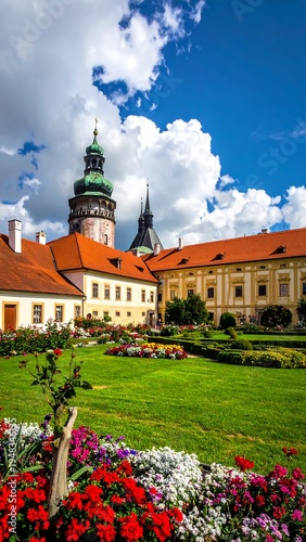 Ornate buildings frame vibrant gardens under a bright sky with clouds