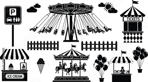 Black Amusement Park Silhouette Set Featuring Carousel Horse Ride Swing Ride Ice Cream Stand Ticket Booth Balloons Fence and Parking Sign for Carnival Fair Graphics