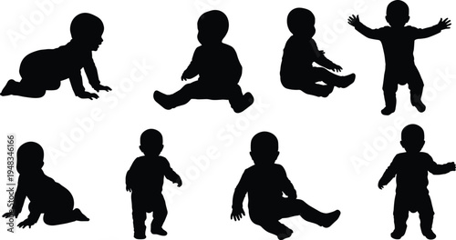 Black Baby Silhouette Vector Set Featuring Infants and Toddlers Crawling Sitting and Standing for Newborn Care Parenting Early Childhood Growth and Developmental Milestone Designs