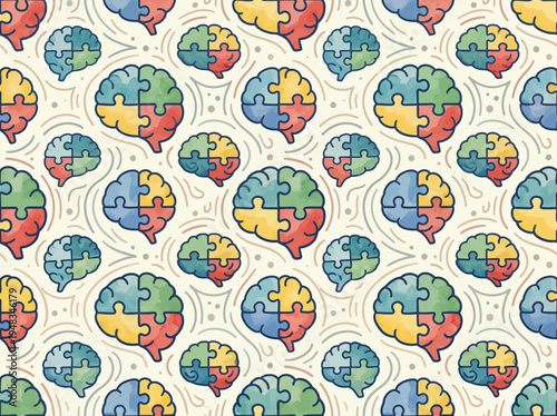 Seamless pattern featuring colorful puzzle-piece brain illustrations, representing connections, ideas, and cognitive processes in a playful, artistic design