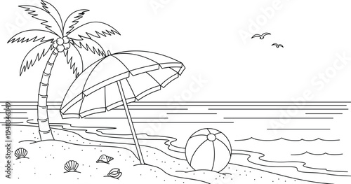 A serene beach scene with a palm tree and a beach umbrella