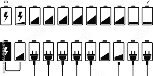 Black Battery Silhouette Vector Icon Set Featuring Various Charging Levels Lightning Bolts And Electric Plugs For Mobile Phone Interface Power Energy And Technology Designs