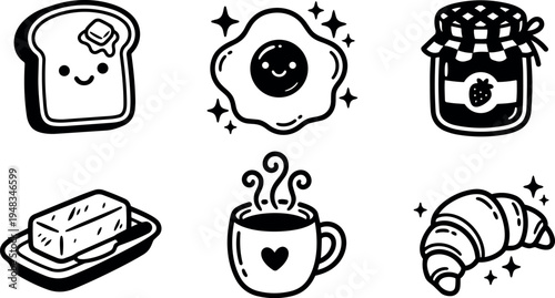 Cute black and white line art style breakfast icons smiling toast with butter fried egg jar of jam butter cup of coffee croissant