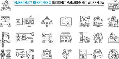 Emergency Response and Incident Management Workflow Icon Set for Public Safety and Disaster Relief Operations