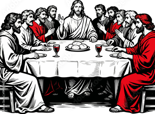 Dramatic Last Supper Black White Red Vector Art