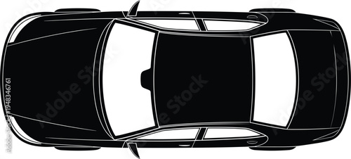 Black car silhouette top view isolated on white background sedan vehicle outline vector illustration for parking map design automotive transport logo or technical layout
