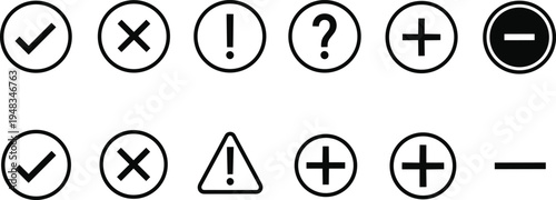 Black Circular Interface Icon Vector Set Featuring Check Mark Cross Exclamation Point Question Mark Plus And Minus Symbols For User Notification And Navigation Graphic Designs